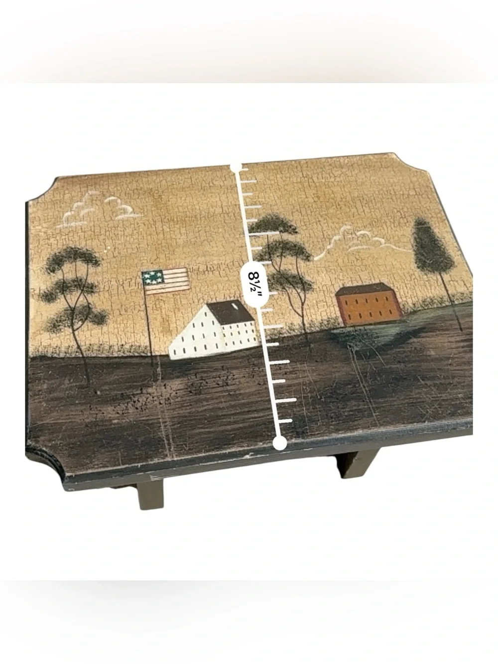 Vintage Hand Painted Primitive Americana Wood Footstool Folk Art Farmhouse Decor